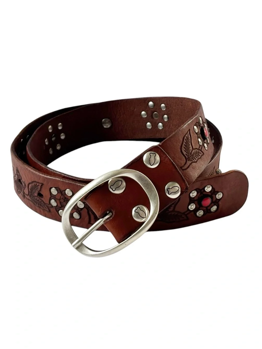 Campomaggi Iperico Cognac-coloured leather belt w/ metallic studs floral motif